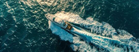 ai gerado uma azul barco é vôo através a oceano foto