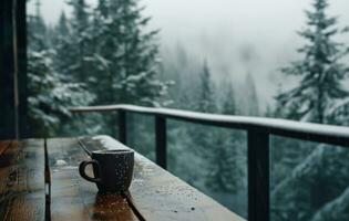 ai gerado uma mesa é forrado com uma café copo conjunto em uma sacada negligenciar uma floresta foto