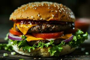 ai gerado Hamburger em Preto prato com tomates, queijo, alface e alguns gelo creme foto