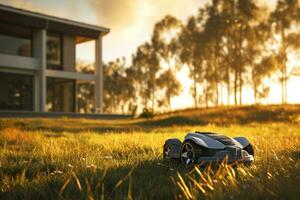 ai gerado uma robótico gramado cortador de grama em uma pastagem perto uma casa foto