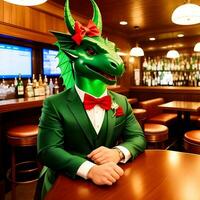 ai gerado verde Dragão vestido dentro uma festivo feriado terno sentado às uma mesa dentro uma bar. antropomórfico animais. generativo ai. foto