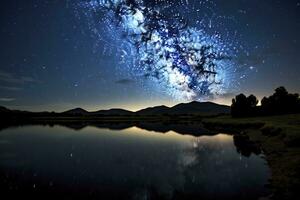 ai gerado leitoso caminho refletido em lago. ai gerado foto