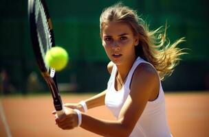 ai gerado jogador de tênis pronto para bater a bola durante tênis Combine mulher foto