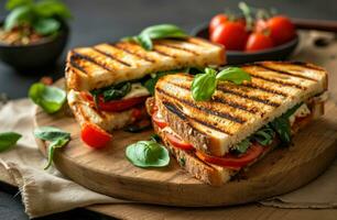 ai gerado grelhado bode queijo sanduíche com assado tomates foto