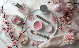 ai gerado cosméticos e beleza produtos em uma branco prato foto