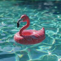 ai gerado Rosa flamingo flutuador em repouso dentro uma natação piscina foto