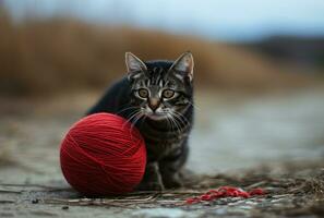 ai gerado gatinho jogando com uma vermelho bola do lã foto