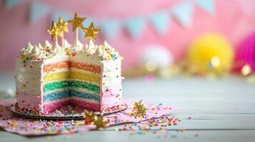 ai gerado vibrante pastel arco Iris aniversário bolo com estamenha e dourado Estrela foto