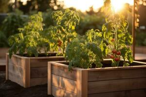 ai gerado de madeira elevado jardim caixas com tomate plantas às pôr do sol foto