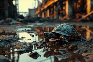 ai gerado a tartaruga caminhou através lama com pesado metais deitado em a terra foto