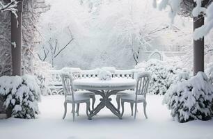 ai gerado branco pátio e jardim mesa com mobília coberto com neve dentro inverno, foto