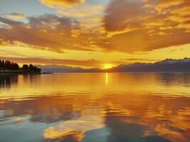 ai gerado brilhante pôr do sol sobre lago dourado nuvens refletir dentro a água. ai gerado. foto