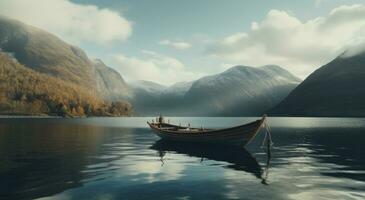 ai gerado pequeno barco em a lago dentro frente do montanhas foto