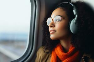 ai gerado mulher dentro fones de ouvido olhando Fora do a avião janela, foto