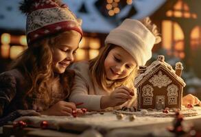 ai gerado dois meninas fazer Pão de gengibre casas para Natal foto