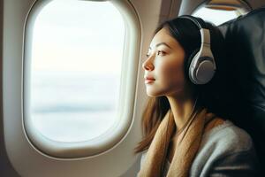 ai gerado mulher olhando Fora janela do avião vestindo fones de ouvido, foto