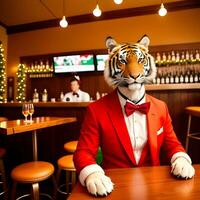 ai gerado tigre vestido dentro uma festivo feriado terno , sentado às uma mesa dentro uma bar. antropomórfico animais. generativo ai. foto