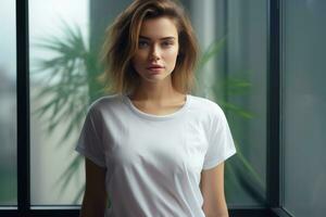 ai gerado jovem lindo feminino mulher dentro branco t camisa em pé de janela às interior foto