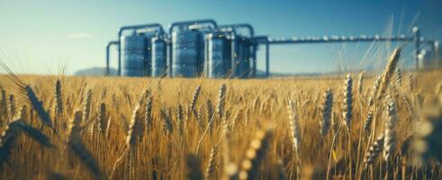 ai gerado uma campo do colhido trigo com uma silo foto