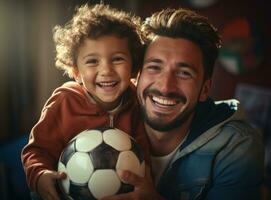 ai gerado uma homem é segurando uma futebol bola com dele jovem filho foto