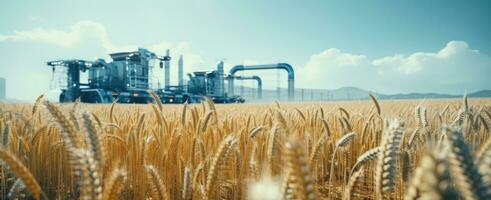 ai gerado uma campo do colhido trigo com uma silo foto