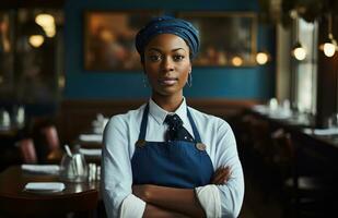 ai gerado uma retrato do a afro-americano chefe de cozinha com cruzado braços dentro uma restaurante foto