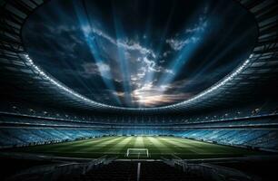 ai gerado uma futebol campo com uma Holofote foto