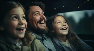 ai gerado uma família sentado dentro a frente do uma carro sorridente foto