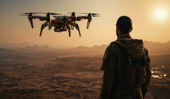 ai gerado uma soldado parece Fora sobre uma zangão vôo dentro a deserto foto