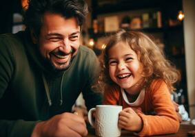 ai gerado fofa Papai e filha desfrutando uma copo do café dentro a cozinha foto