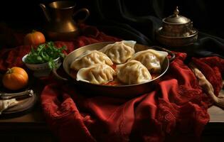 ai gerado dumplings dentro uma tigela em uma mesa foto