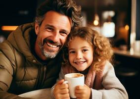 ai gerado fofa Papai e filha desfrutando uma copo do café dentro a cozinha foto