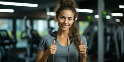 ai gerado jovem mulher feliz às a Academia mostrando polegares acima foto