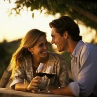 ai gerado uma casal bebericando em vinho e desfrutando cada outros companhia às uma Vinhedo foto