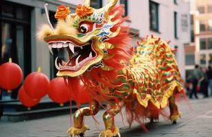 ai gerado a chinês Dragão é mostrando equitação em a rua, foto