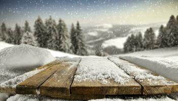 ai gerado inverno país das maravilhas área de trabalho. uma escrivaninha coberto dentro neve, criando uma cena do tranquilidade e abraçando a serenidade do inverno. foto