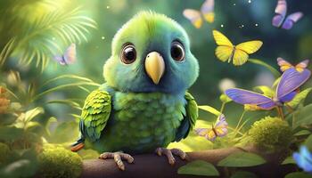 ai gerado 3d render do a adorável bebê papagaio, com grande olhos, no meio uma jardim alvoroço com borboletas e exuberante vegetação. a cena irradia uma macio, mágico aura, espumante com fada pó. foto