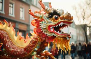 ai gerado a chinês Dragão é mostrando equitação em a rua, foto