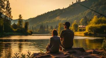 ai gerado dois pessoas sentar em uma doca às a lago jogando com seus pescaria varas foto