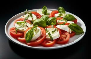 ai gerado tomates, mussarela, manjericão e manjericão foto