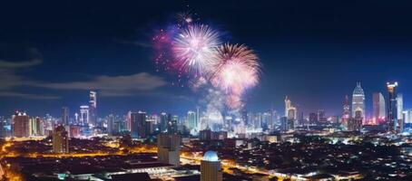 ai gerado fogos de artifício, e paisagem urbana debaixo luar fogos de artifício foto