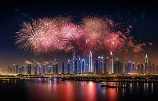 ai gerado fogos de artifício luz acima a céu foto