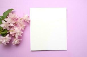 ai gerado Rosa flores com branco em branco bloco de anotações em pé em uma Rosa contador. foto