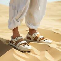 ai gerado pessoa em pé dentro areia vestindo sandálias, foto