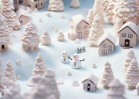 ai gerado miniatura bonecos de neve e casas sentar em uma snowtop foto