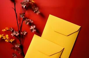 ai gerado vermelho envelopes em amarelo fundo chinês Novo ano foto