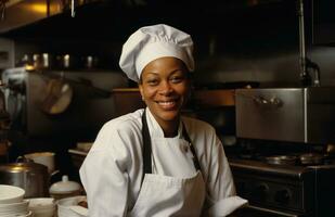ai gerado afro-americano fêmea cozinhar dentro uma cozinha vestido dentro branco uniformes foto