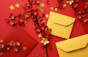 ai gerado vermelho envelopes em amarelo fundo chinês Novo ano foto