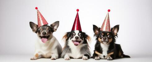ai gerado três cachorros estão vestindo festa chapéus foto