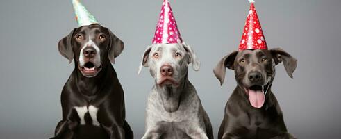 ai gerado três cachorros estão vestindo festa chapéus foto